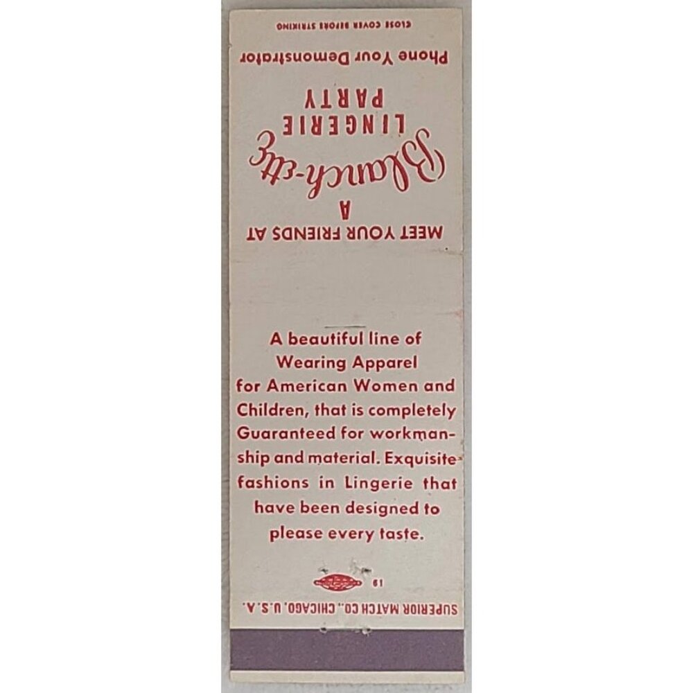 Blanch-ette Lingerie Party Front Strike MLM Matchbook Blanchette Indianapolis IN - Picture 2 of 5